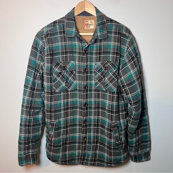 Ruff Hewn Sherpa Lined Flannel Jacket Men’s M Green Plaid Shirt Shacket Outdoors - Picture 1 of 7